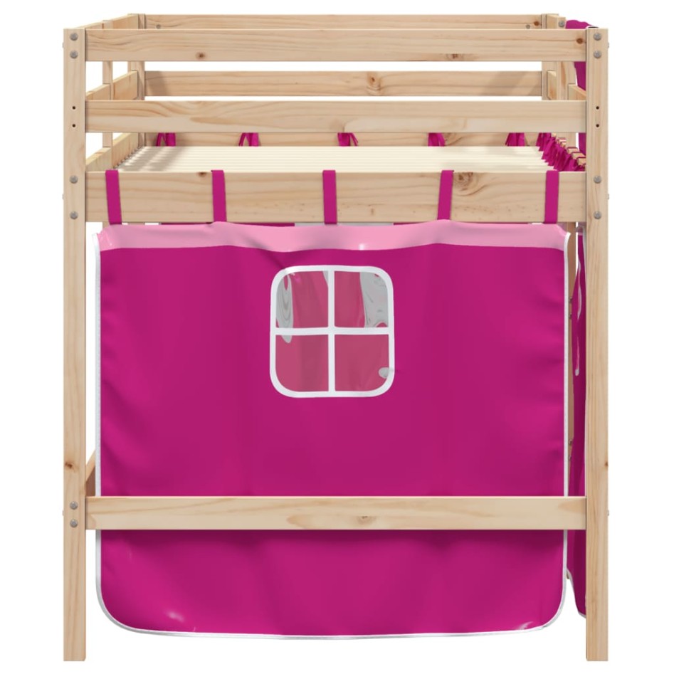 Cama alta para niños con cortinas madera pino rosa 90x200