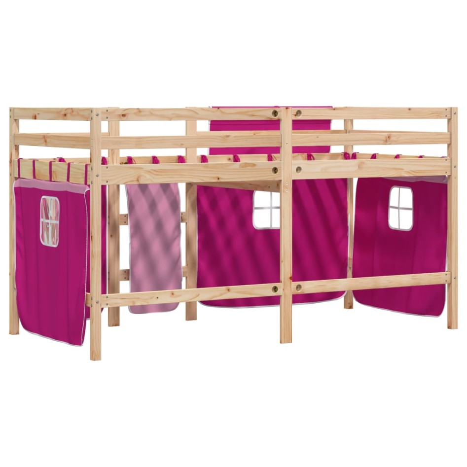 Cama alta para niños con cortinas madera pino rosa 90x200