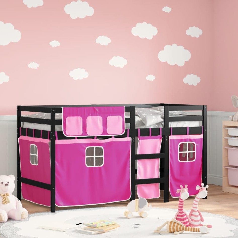 Cama alta para niños con cortinas madera pino rosa 90x200