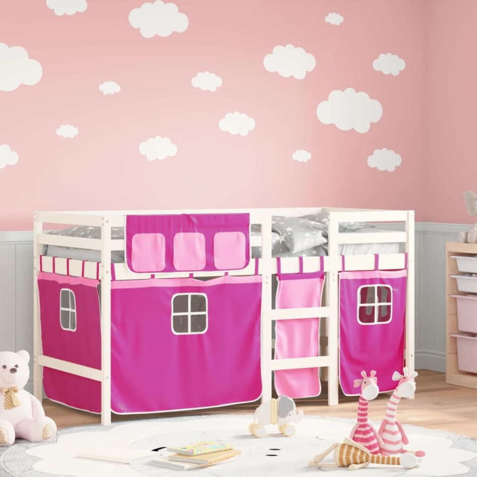 Cama alta para niños con cortinas madera pino rosa 90x190