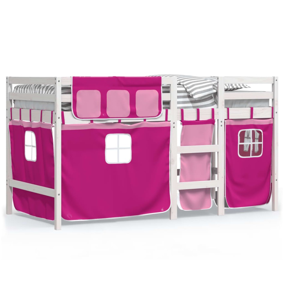 Cama alta para niños con cortinas madera pino rosa 90x190