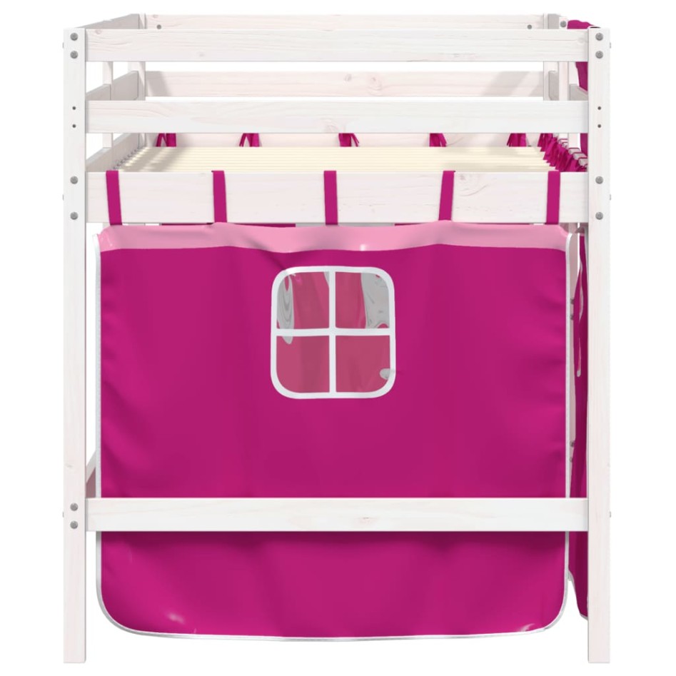 Cama alta para niños con cortinas madera pino rosa 90x190