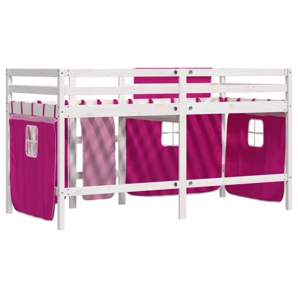 Cama alta para niños con cortinas madera pino rosa 90x190