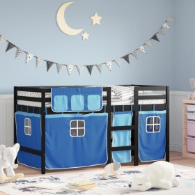 Cama alta para niños con cortinas madera pino azul 90x190
