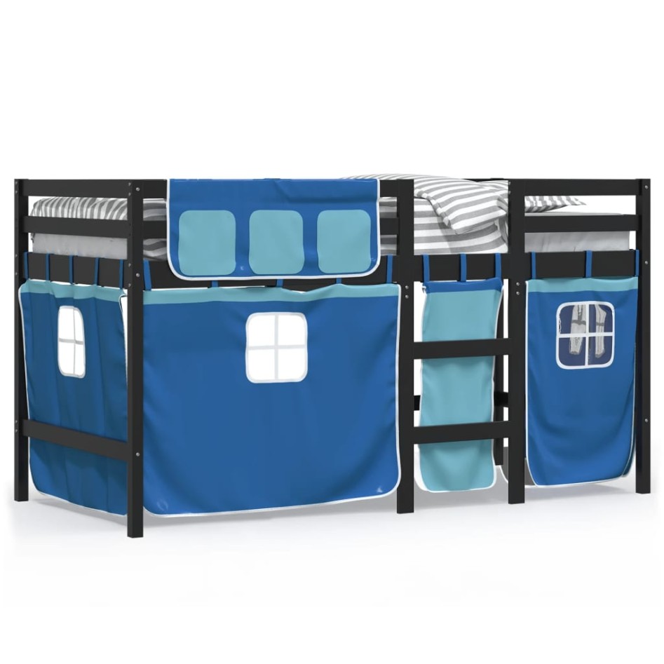 Cama alta para niños con cortinas madera pino azul 90x190