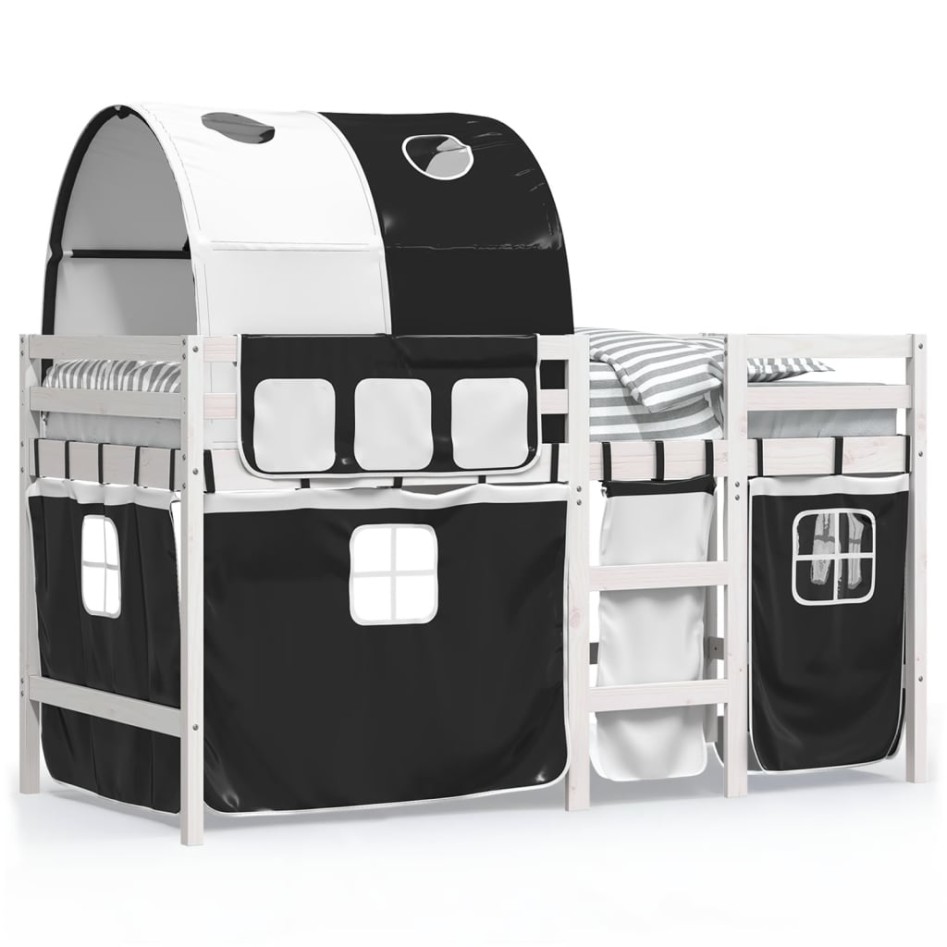 Cama alta niños con túnel madera pino blanco negro 80x200