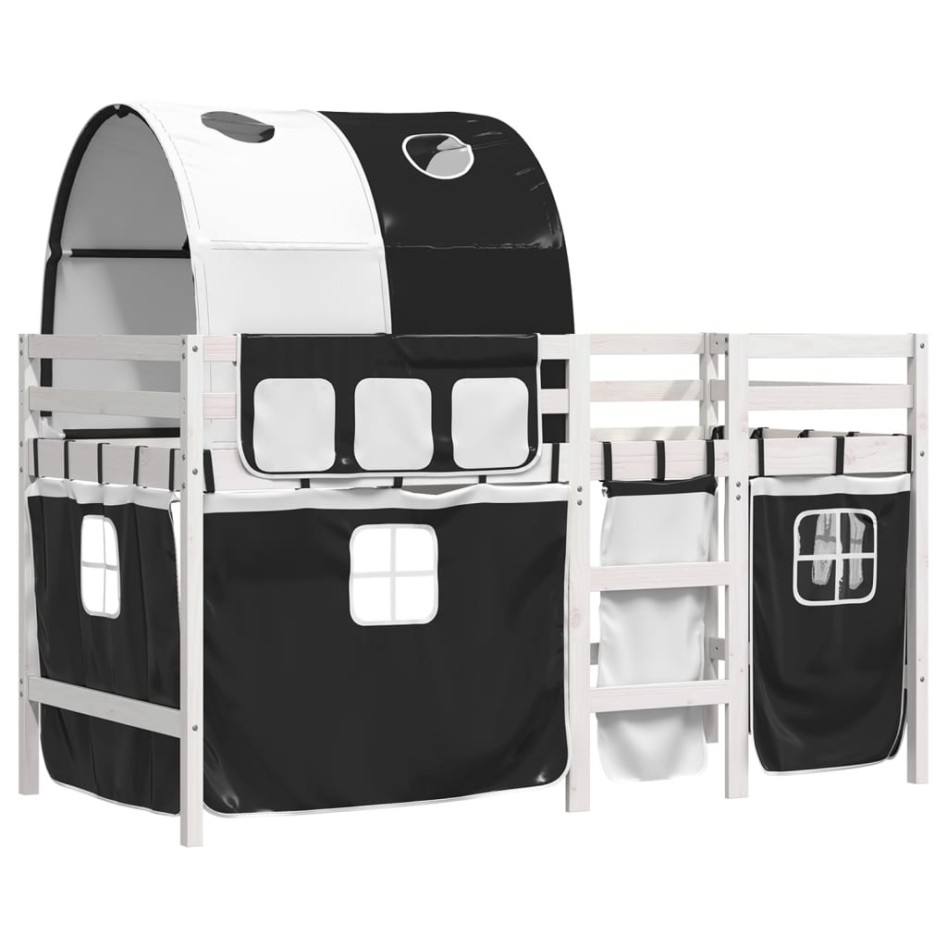 Cama alta niños con túnel madera pino blanco negro 80x200