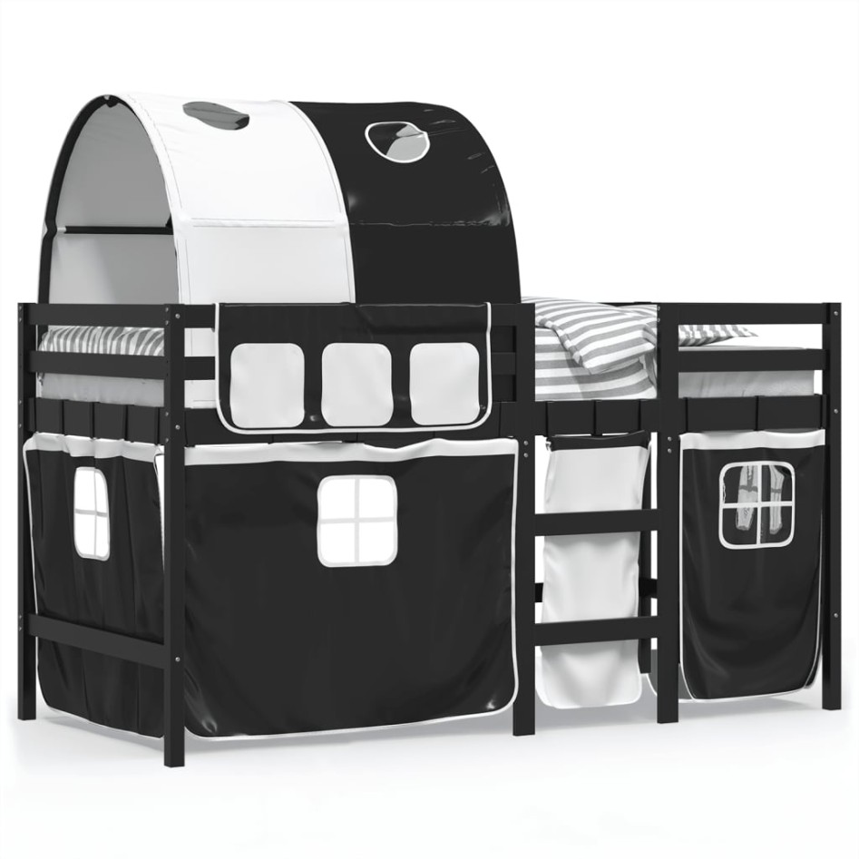 Cama alta niños con túnel madera pino blanco negro 90x190