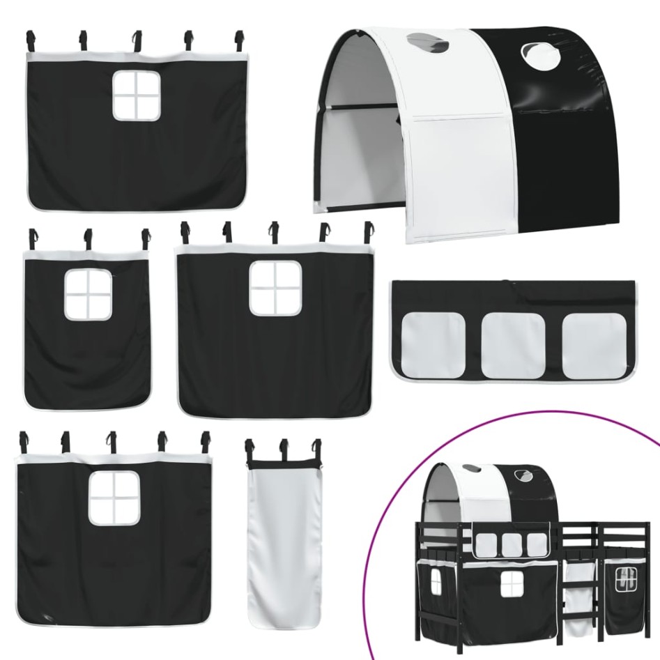 Cama alta niños con túnel madera pino blanco negro 90x190