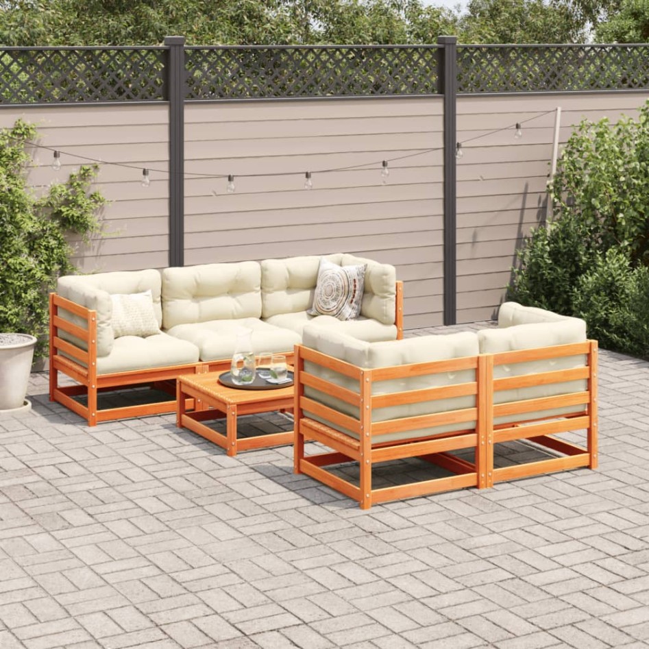 Juego de sofás de jardín 6 pzas madera maciza pino marrón