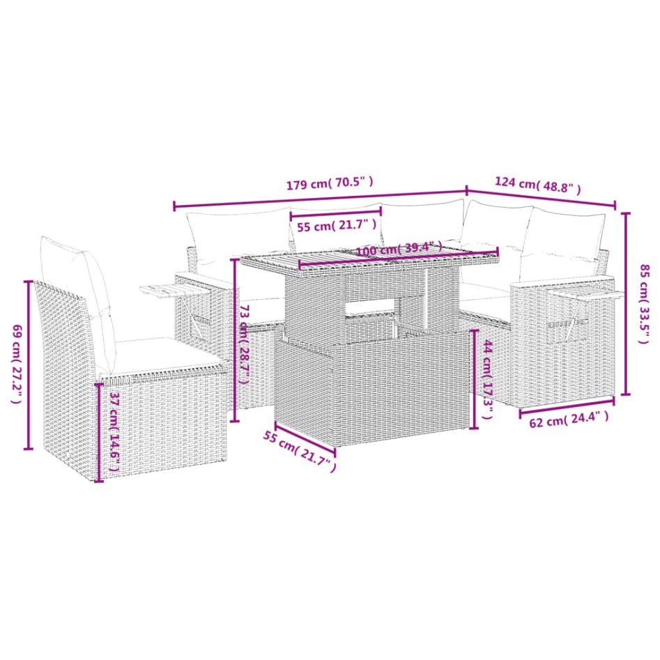 Set de muebles de jardín 6 pzas y cojines ratán sintético