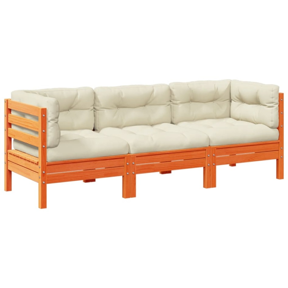 Set de sofás jardín 3 pzas con cojines madera pino marrón