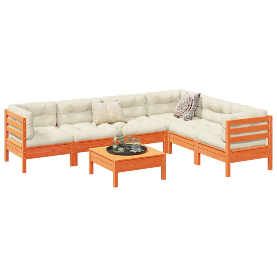 Set de sofás jardín 7 pzas con cojines madera pino marrón