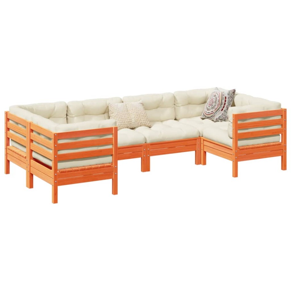 Set de sofás jardín 6 pzas con cojines madera pino marrón