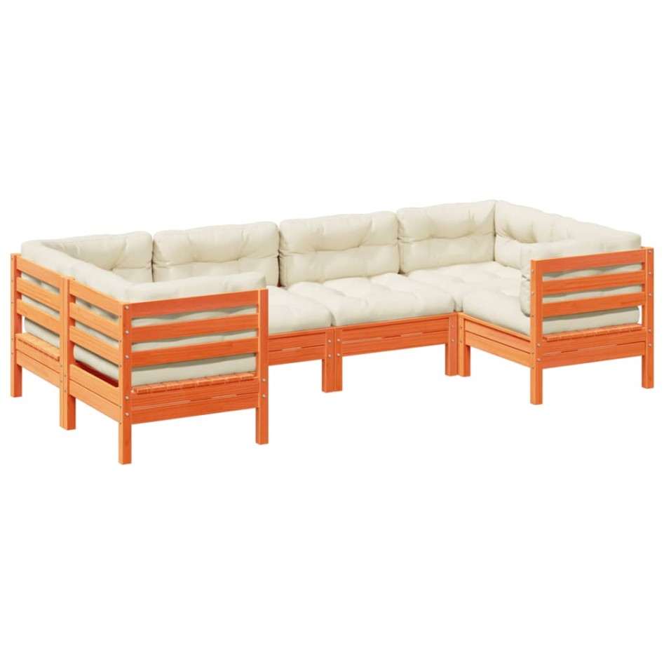Set de sofás jardín 6 pzas con cojines madera pino marrón