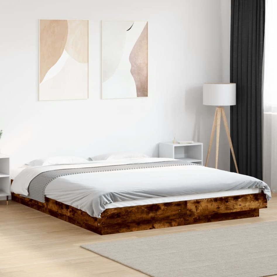 Estructura cama con luces LED madera roble ahumado 160x200