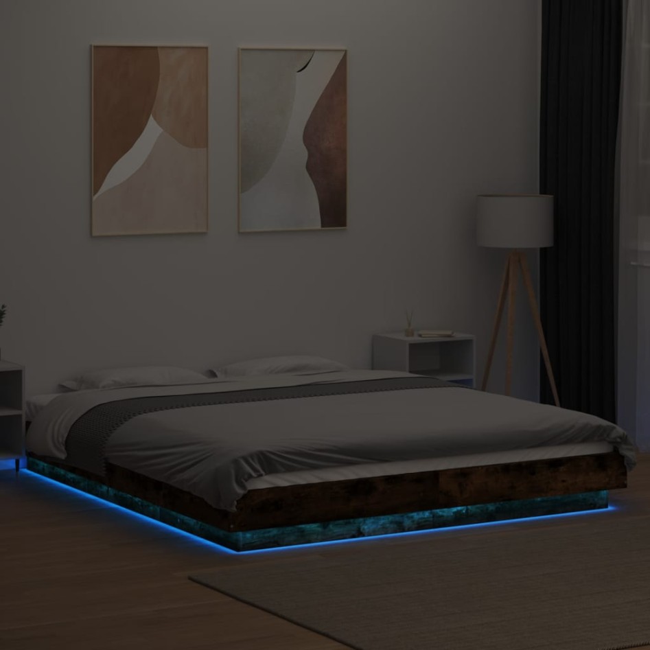 Estructura cama con luces LED madera roble ahumado 160x200