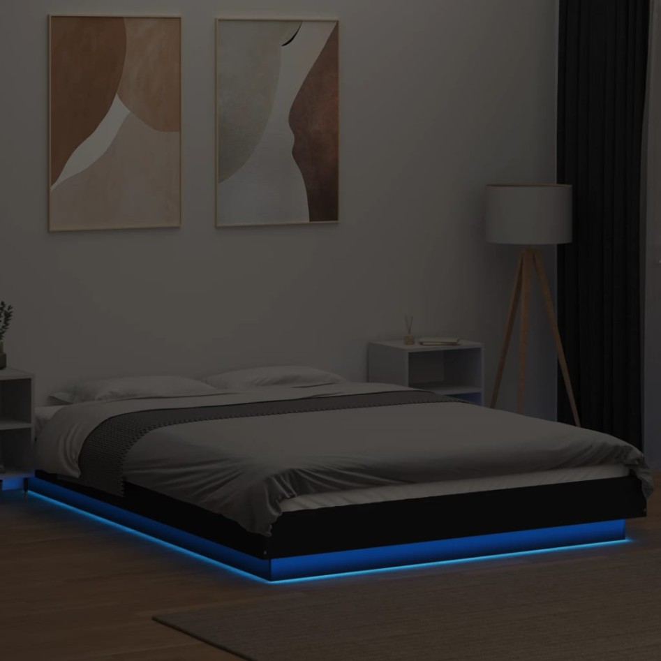 Estructura cama con luces LED madera ingeniería negro