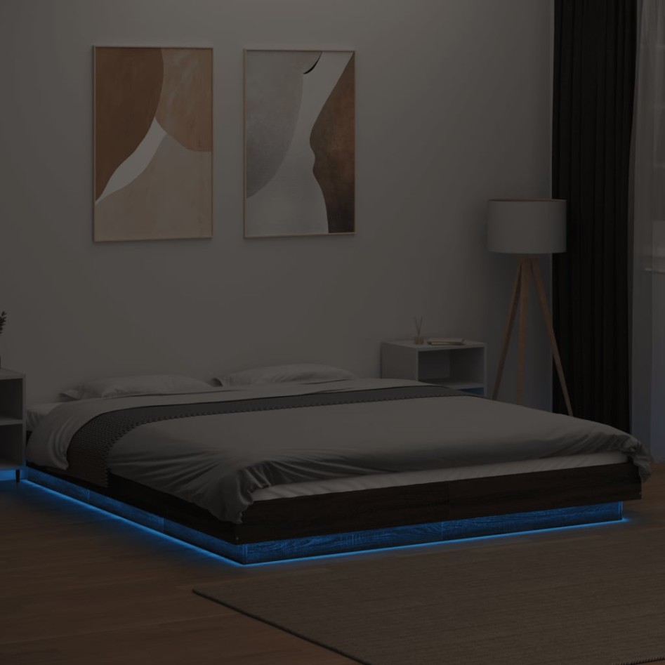 Estructura cama con luces LED madera marrón roble 150x200