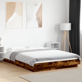 Estructura cama con luces LED madera roble ahumado 120x190
