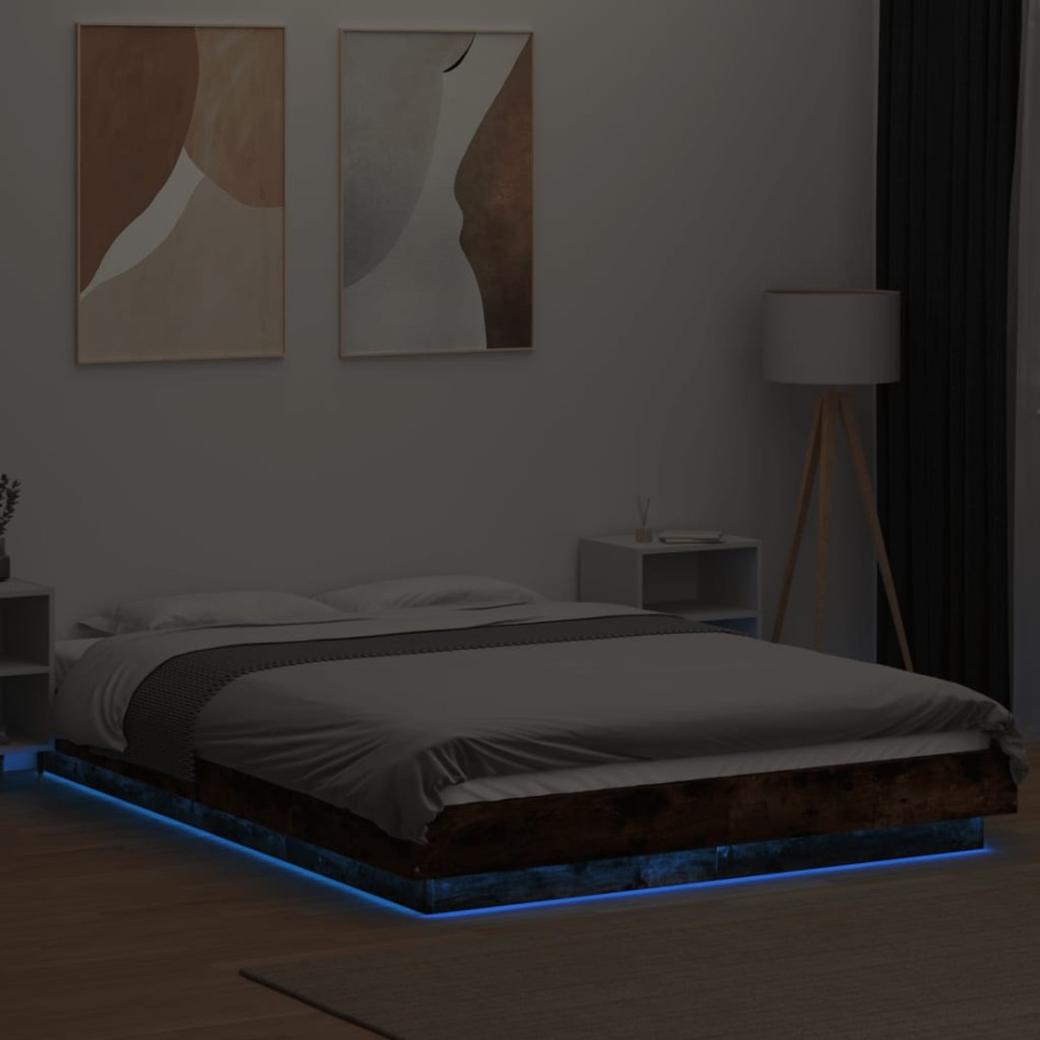 Estructura cama con luces LED madera roble ahumado 120x190