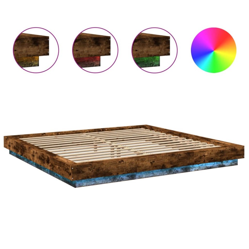 Estructura cama con luces LED madera roble ahumado 200x200
