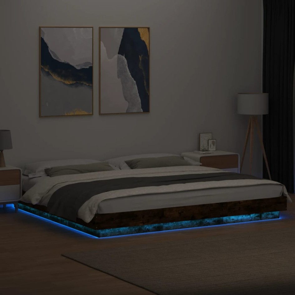 Estructura cama con luces LED madera roble ahumado 180x200