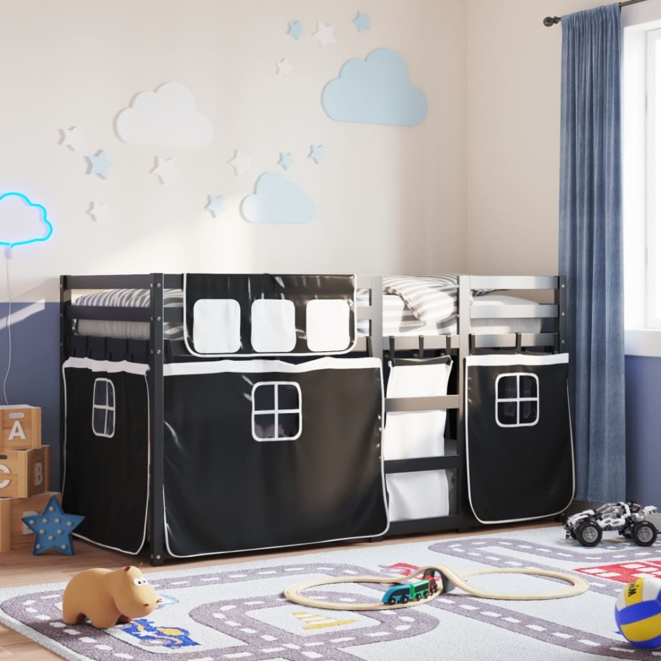 Litera con cortinas madera maciza pino blanco y negro 90x190