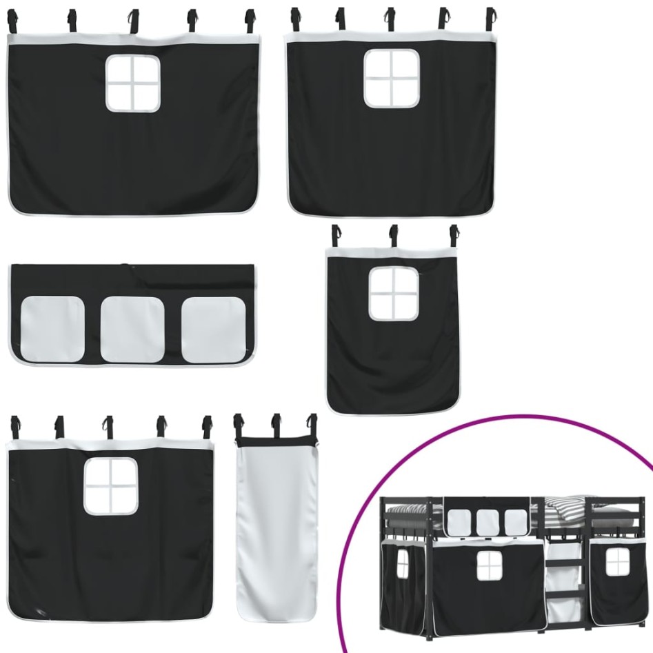 Litera con cortinas madera maciza pino blanco y negro 90x190