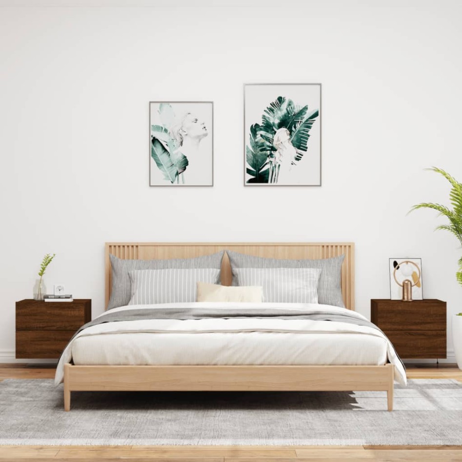 Mesitas de noche de pared con luces LED 2 unidades roble