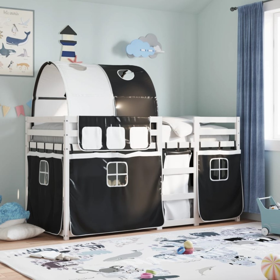 Litera con cortinas madera maciza pino blanco y negro 90x200