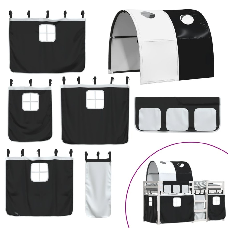 Litera con cortinas madera maciza pino blanco y negro 90x200