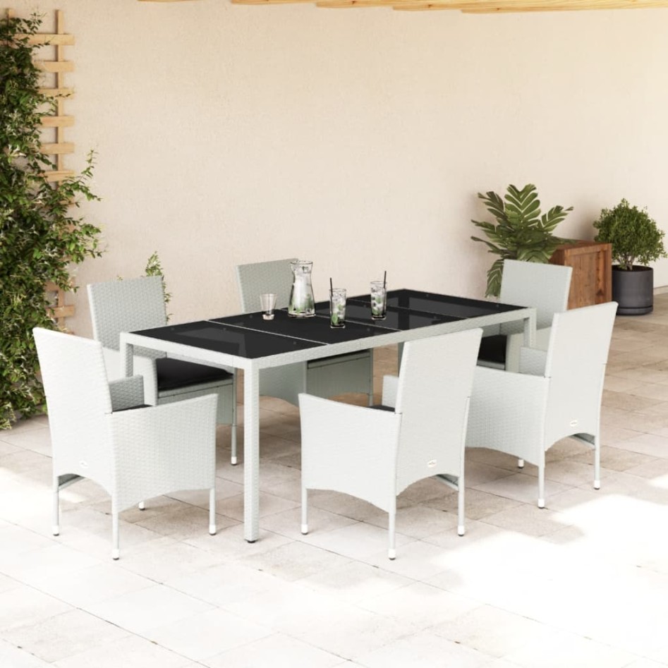 Set comedor jardín 7 pzas cojines ratán sintético vidrio