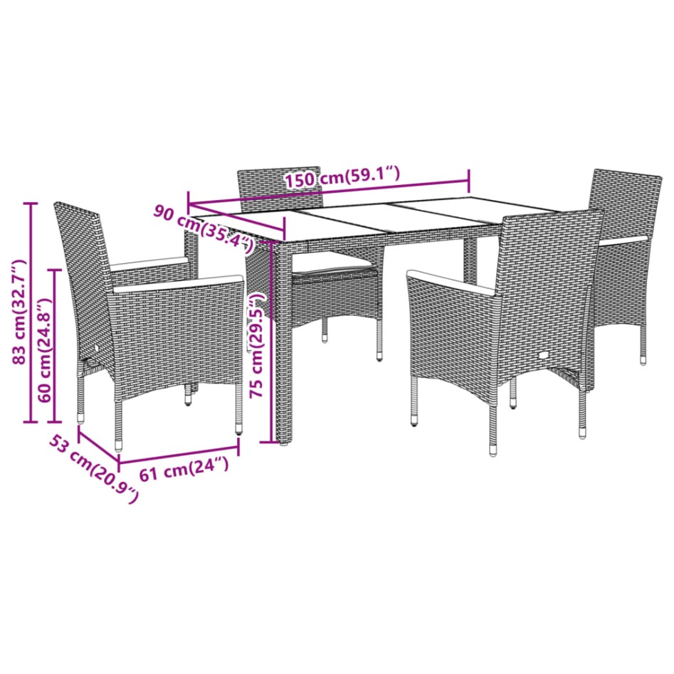 Set comedor jardín 5 pzas cojines ratán sintético vidrio