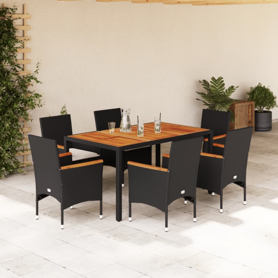 Set de comedor jardín 7 pzas con cojines ratán PE acacia