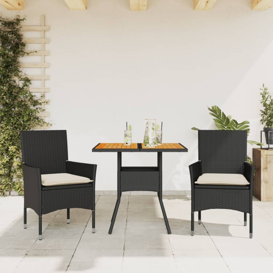 Set de comedor jardín 3 pzas con cojines ratán PE acacia