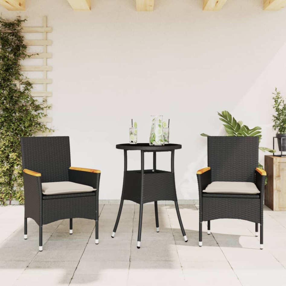 Set comedor jardín 3 pzas cojines ratán sintético vidrio