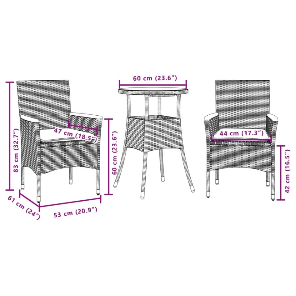 Set comedor jardín 3 pzas cojines ratán sintético vidrio