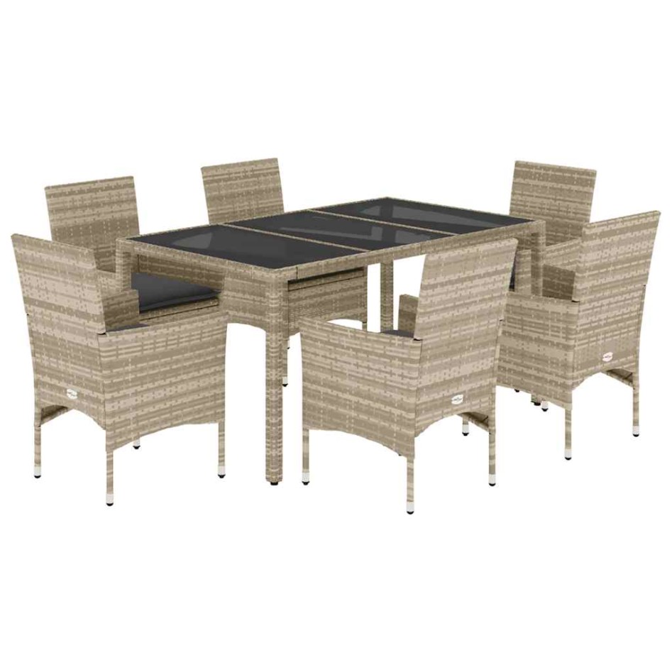 Set de comedor jardín 7 piezas y cojines ratán PE y vidrio
