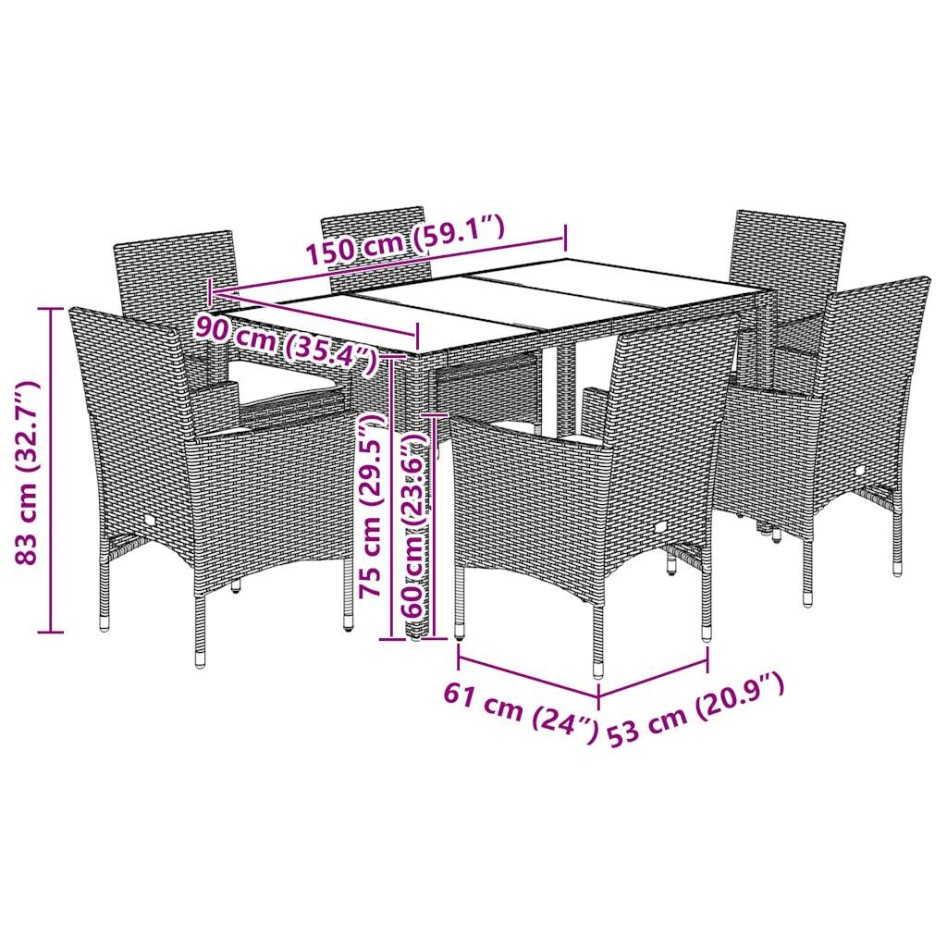 Set de comedor jardín 7 piezas y cojines ratán PE y vidrio
