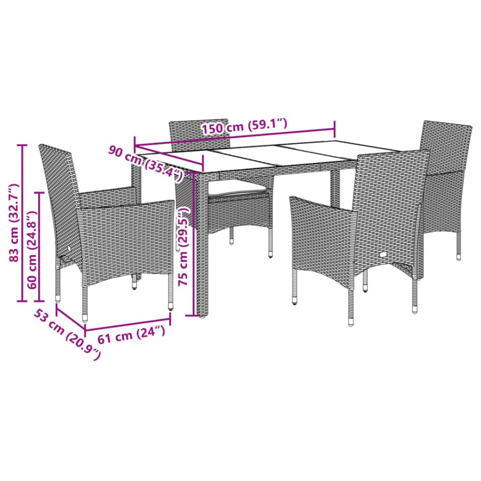 Set comedor jardín 5 pzas y cojines ratán sintético vidrio