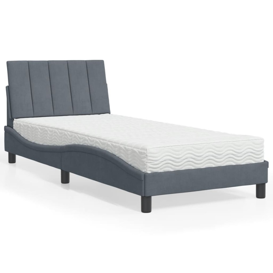 Cama con colchón terciopelo gris oscuro 90x190
