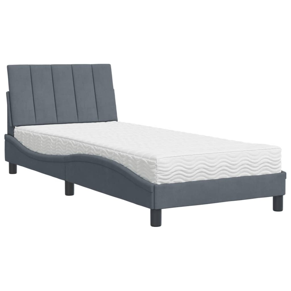 Cama con colchón terciopelo gris oscuro 90x190