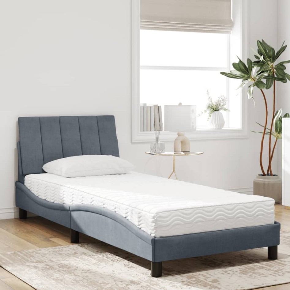 Cama con colchón terciopelo gris oscuro 90x190