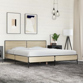 Estructura cama madera ingeniería metal roble Sonoma 180x200