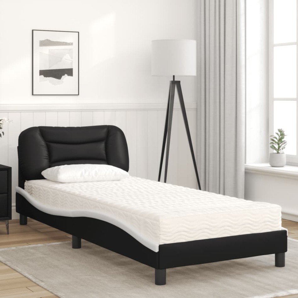 Cama con colchón cuero sintético negro y blanco 80x200