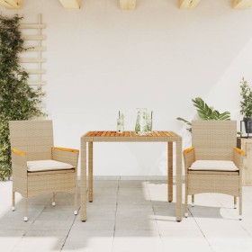 Set de comedor jardín 3 pzas con cojines ratán PE acacia