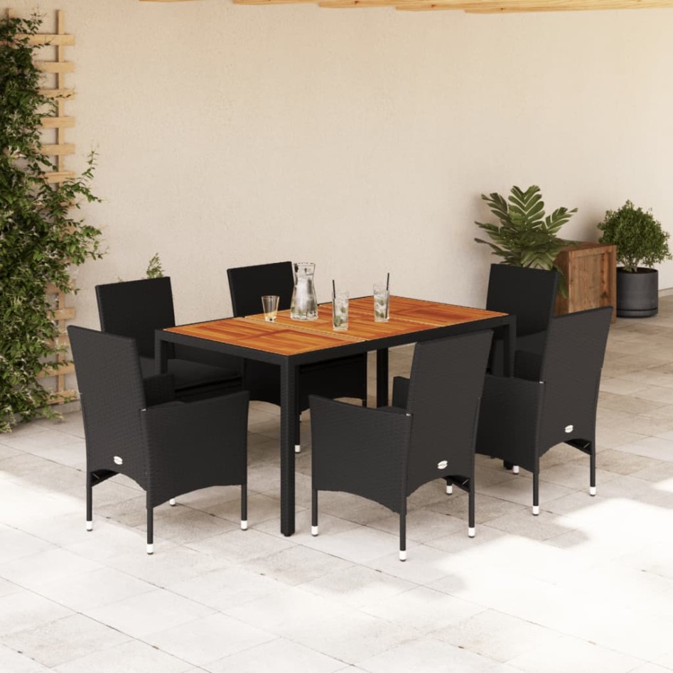 Set de comedor jardín 7 pzas con cojines ratán PE acacia