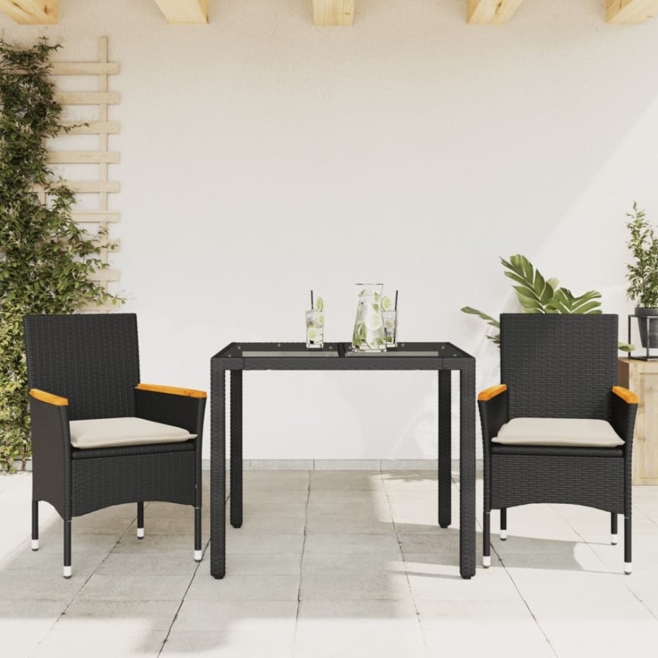 Set comedor jardín 3 pzas cojines ratán sintético vidrio