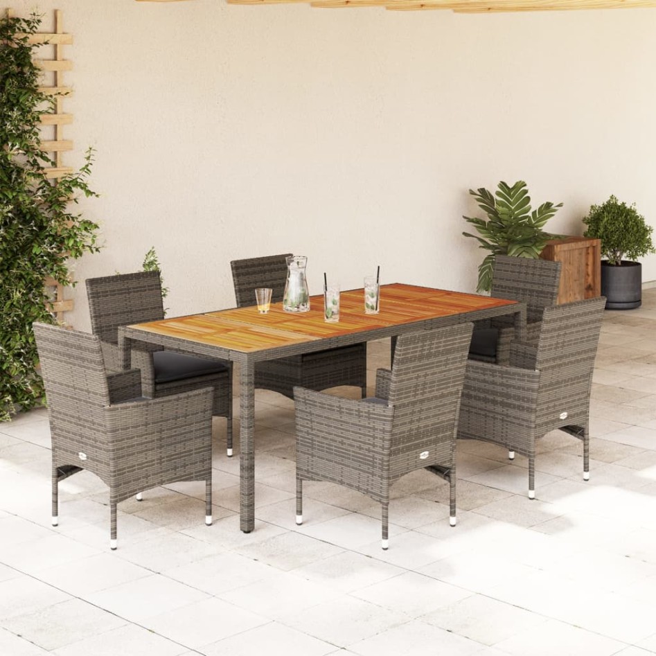 Set de comedor jardín 7 pzas con cojines ratán PE acacia